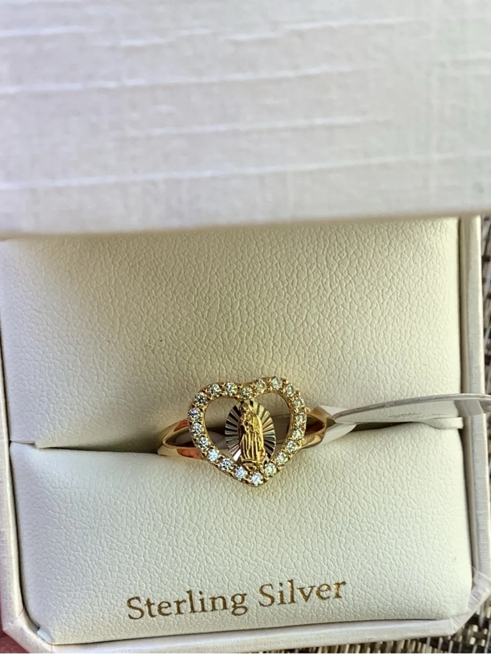 NIB Cynthia Rowley Sparkle Sterling Silver Gold Heart Ring Mary Madonna 7